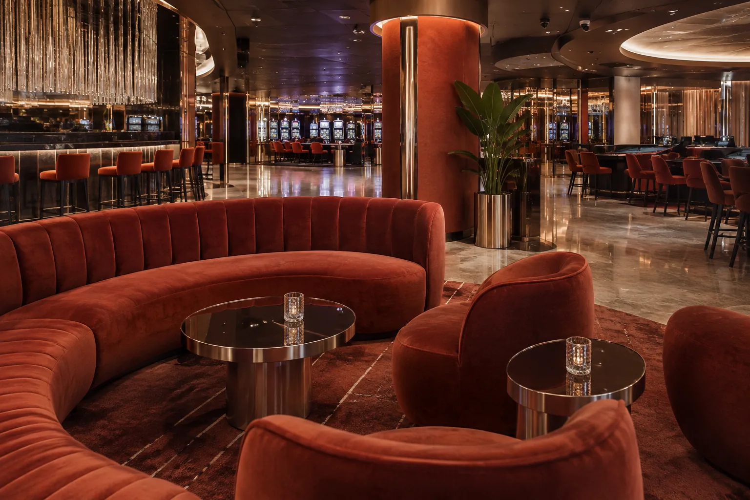 Moderne hospitalityruimte met geometrische stoelen en metalen details
